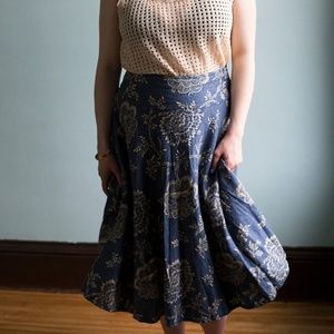 Ralph Lauren 100% Blue Linen A-Line Floral Skirt